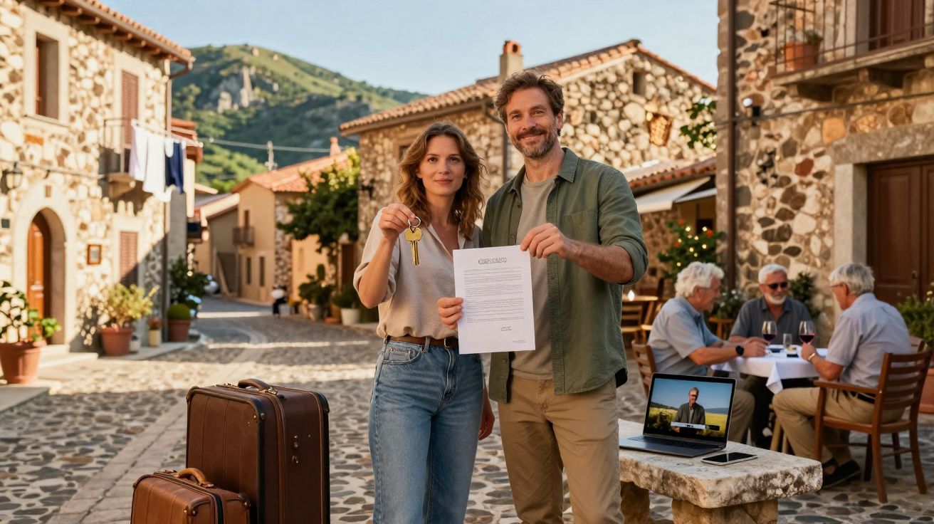 Casal feliz segurando certidão e chave na rua de vila com malas e pessoas ao fundo.