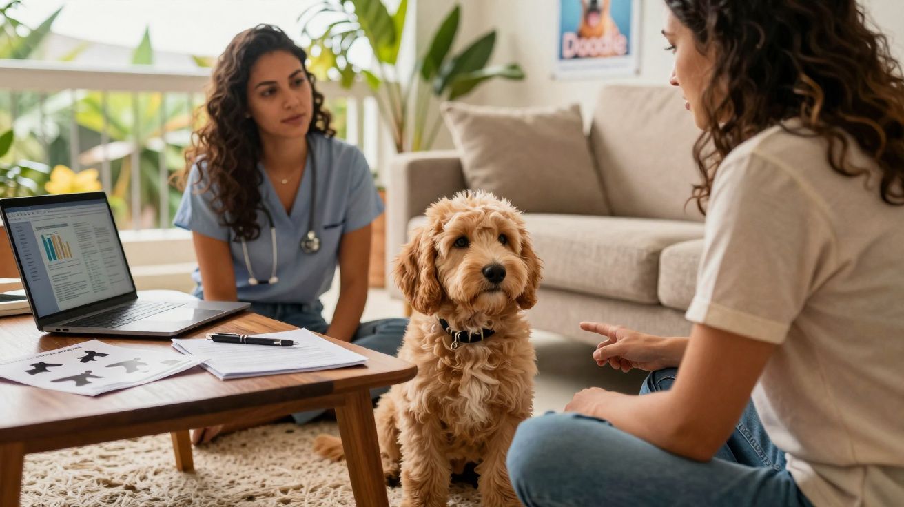 Veterinária e dona em casa avaliando um cachorro da raça goldendoodle sentado em tapete.