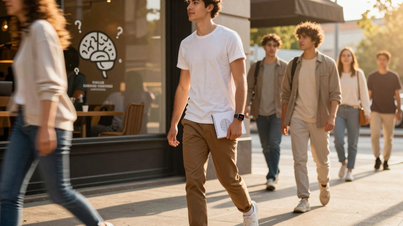 Jovens caminhando na calçada com sol da tarde, alguns segurando cadernos e vestidos casualmente.