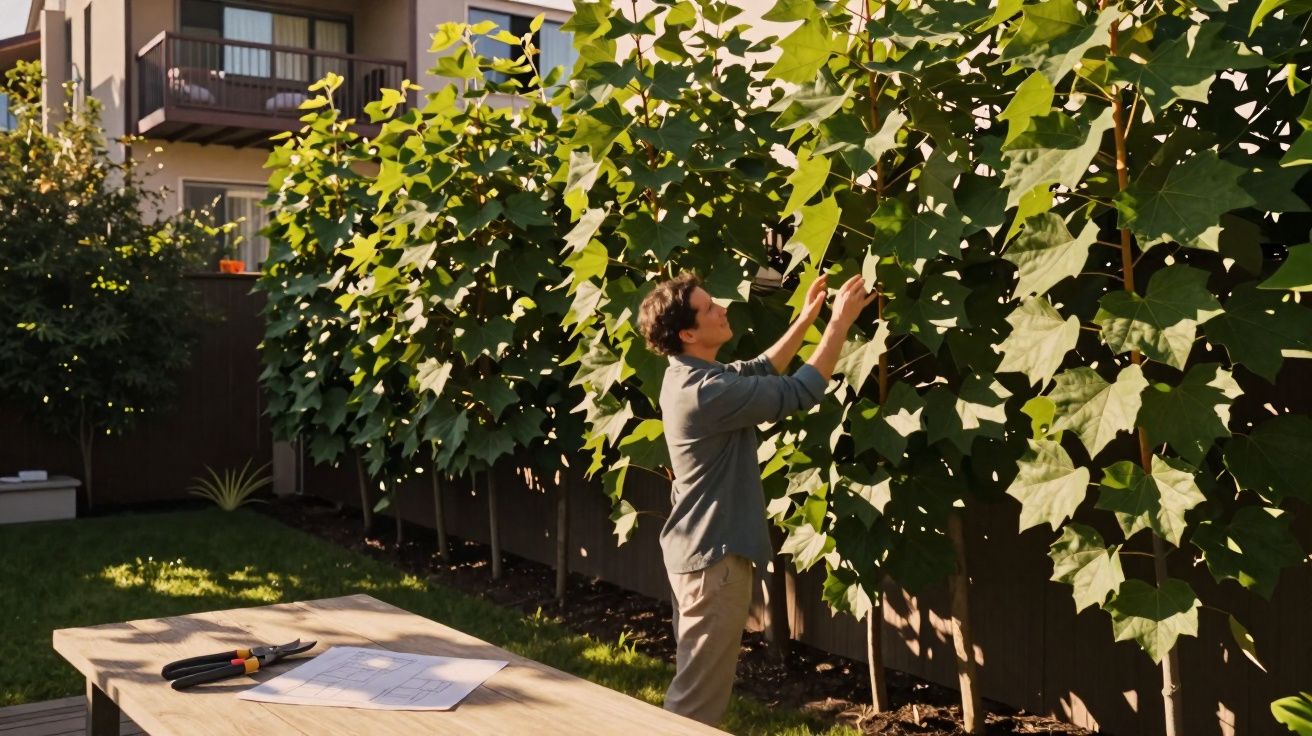 Homem cuidando das folhas de árvores grandes em jardim residencial ensolarado à tarde.