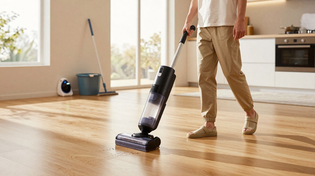 Pessoa usando aspirador vertical para limpar chão de madeira claro em cozinha moderna bem iluminada.
