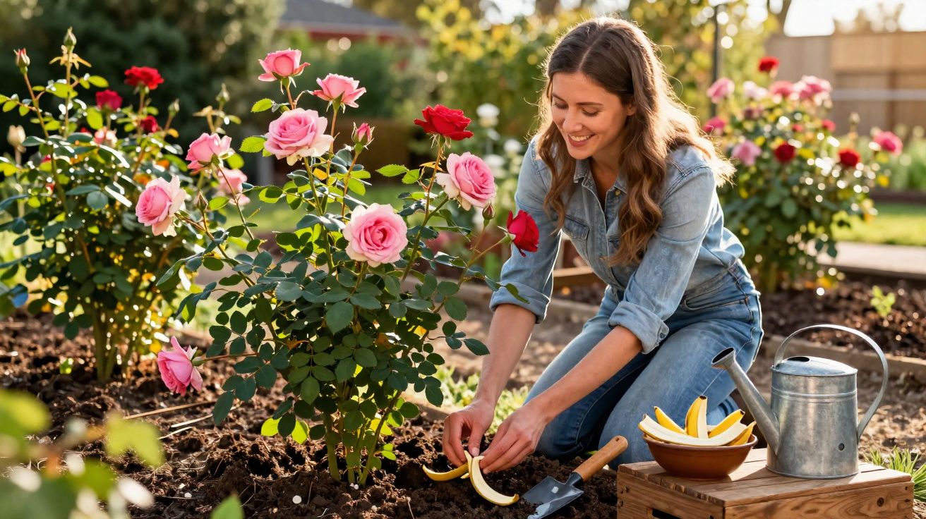 Mulher sorridente cuidando de rosas em um jardim, com regador e ferramentas ao lado.