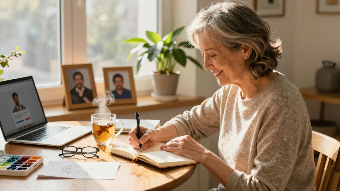 Mulher idosa sorridente escrevendo em caderno à mesa com laptop, chá e aquarela em ambiente iluminado.