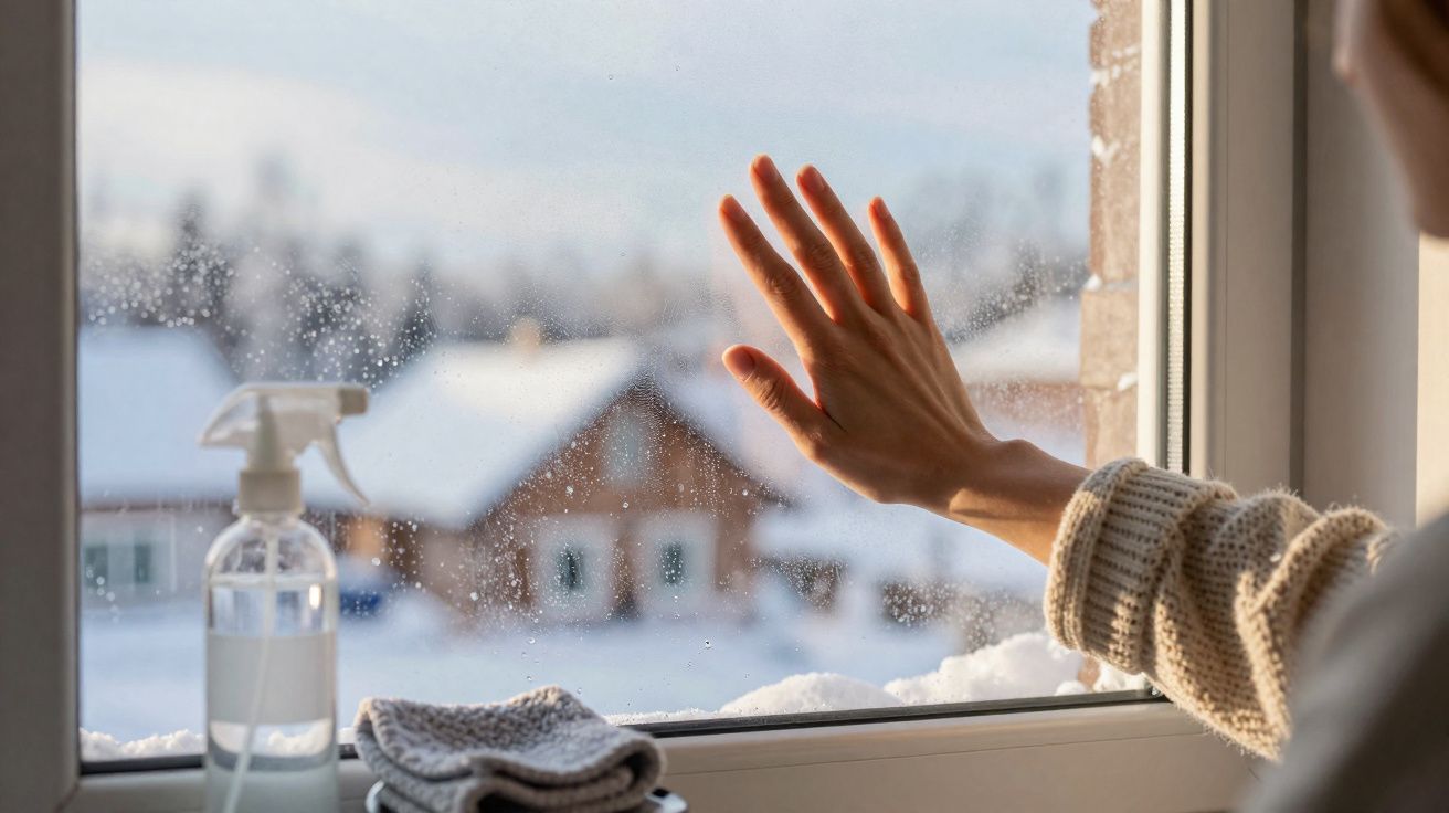 Pessoa com suéter tocando janela com gotas de chuva e vista de casas cobertas de neve do lado de fora.