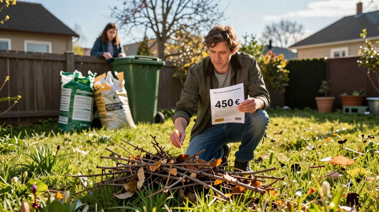 Homem ajoelhado em jardim com papel de 450 euros, enquanto mulher organiza lixo ao fundo.