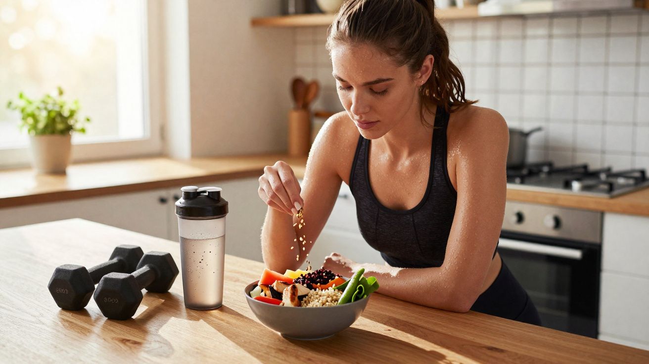 Mulher em roupa esportiva preparando salada saudável na cozinha com halteres e coqueteleira ao lado.