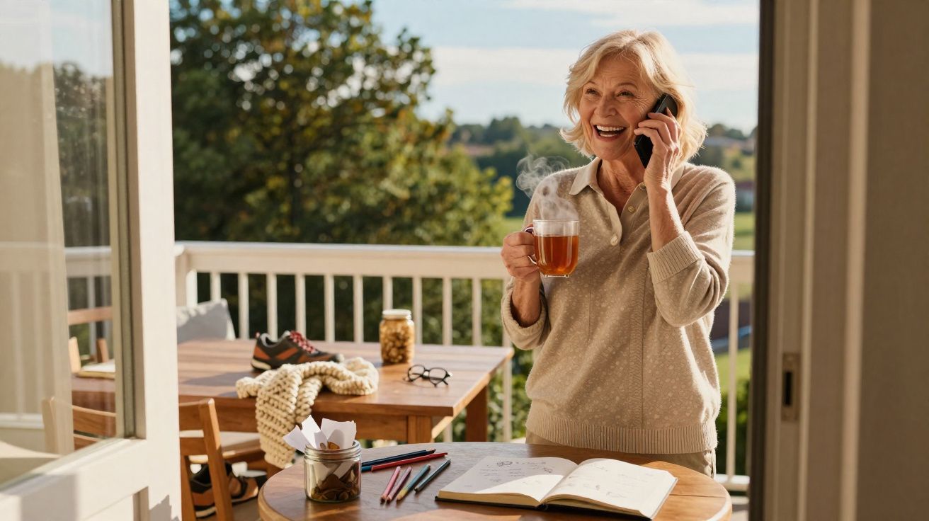 Mulher idosa sorridente falando ao telefone e tomando chá em varanda ensolarada.