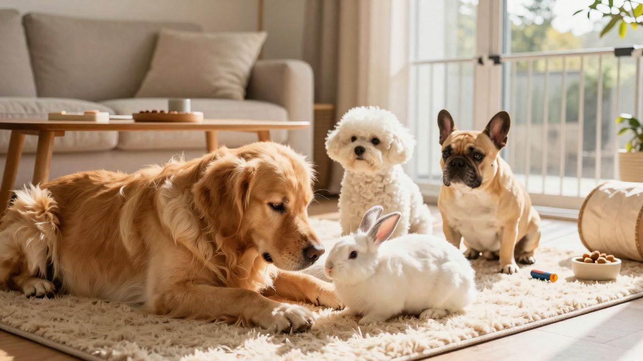 Quatro animais domésticos-dois cachorros, um coelho branco e um cão poodle-num carpete em sala iluminada.
