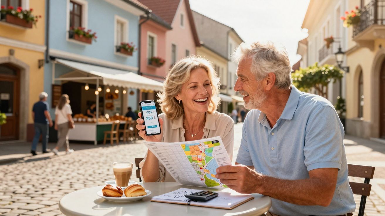 Casal sênior sorrindo enquanto planejam viagem com mapa e celular em café ao ar livre.