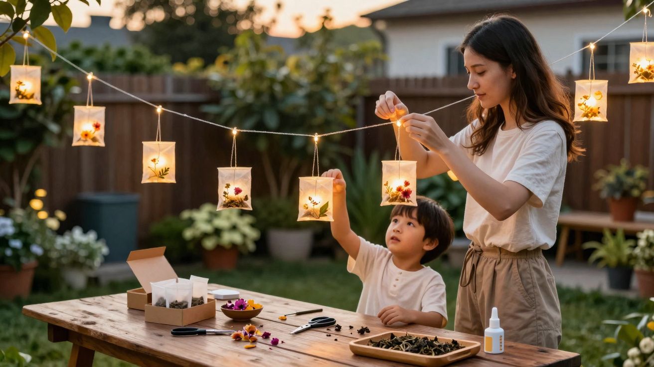Mulher e criança penduram luminárias decorativas com flores secas em varal no jardim ao entardecer.