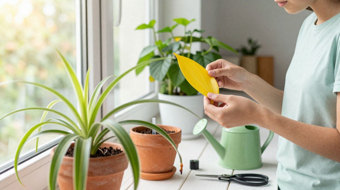 Pessoa examinando folha amarela ao lado de vasos com plantas em um peitoril ensolarado.