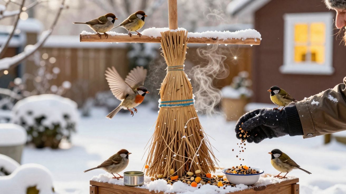 Pássaros se alimentam de sementes em comedouro artesanal de palha na neve enquanto mão alimenta.