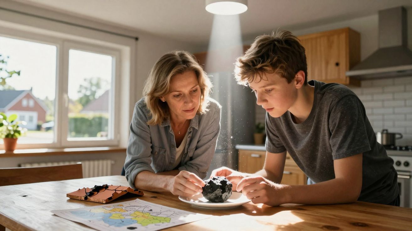 Mulher e menino observam em interesse fragmento de meteorito sobre prato na cozinha iluminada pelo sol.