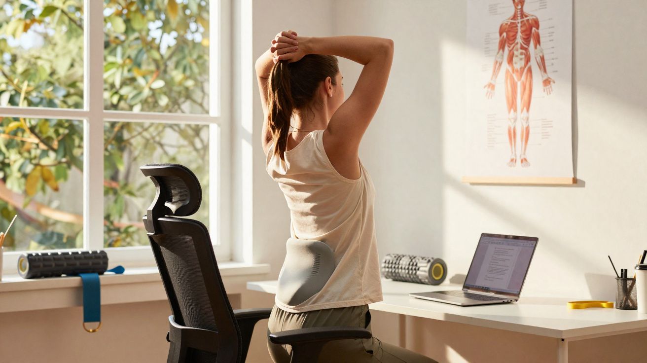 Mulher fazendo alongamento nas costas sentada em cadeira de escritório com almofada lombar.