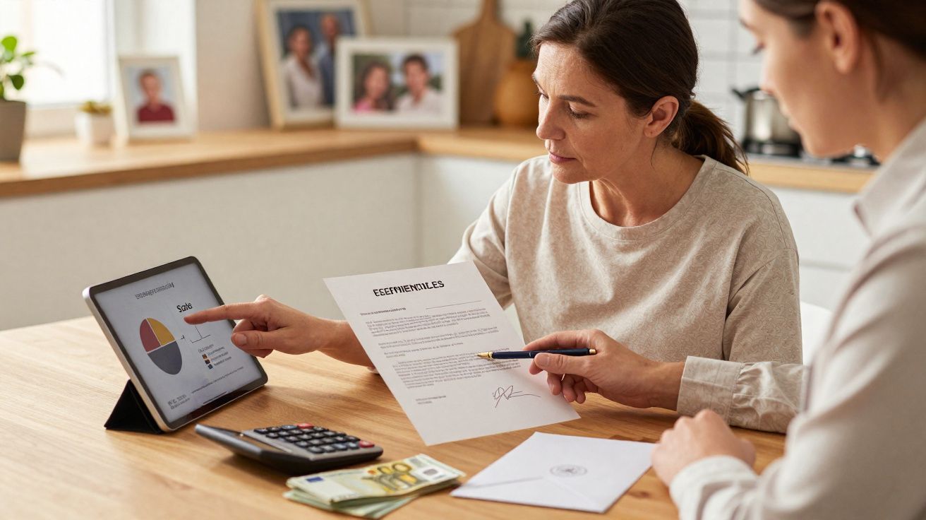 Duas mulheres analisando gráficos financeiros em tablet e documento, com calculadora e dinheiro na mesa.