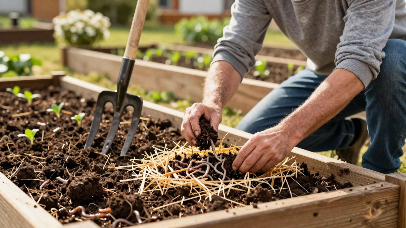 Pessoa manipulando minhocas em canteiro de madeira com ferramentas de jardinagem e mudas ao redor.
