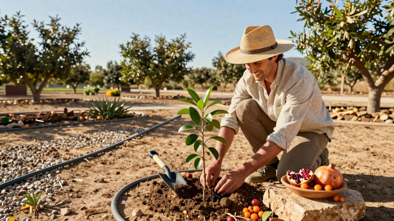 Homem com chapéu plantando muda em pomar com irrigação por gotejamento em dia ensolarado.