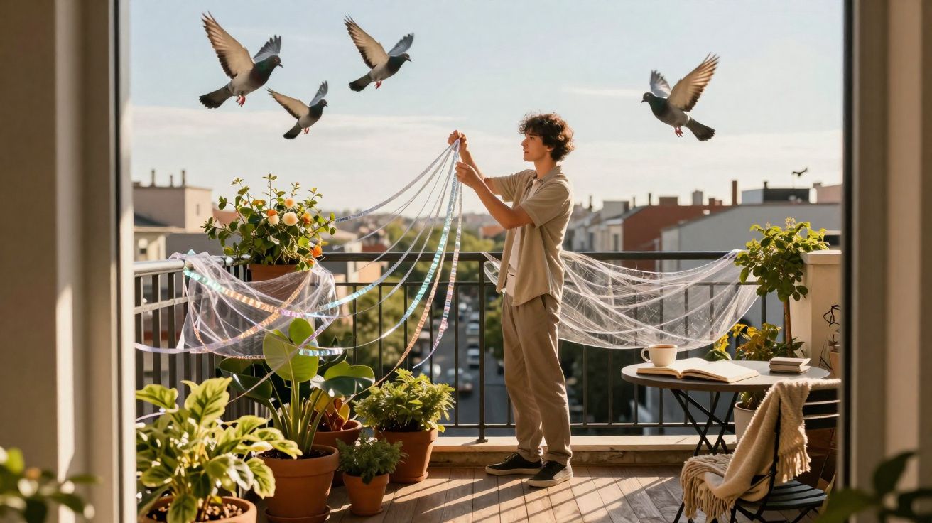 Homem no terraço com plantas organizando fios enquanto pombos voam ao redor ao entardecer.