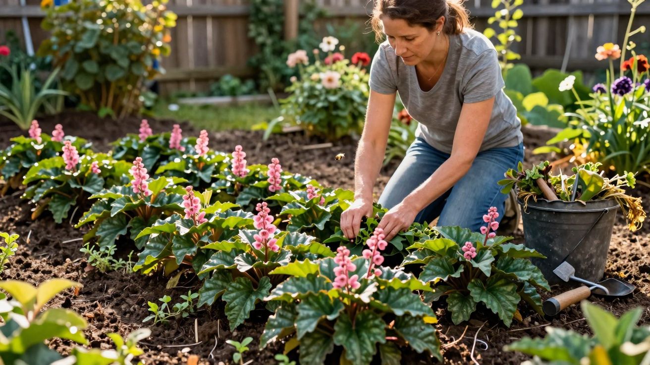Mulher cuidando de plantas com flores rosas em um jardim ensolarado, com ferramentas ao lado.