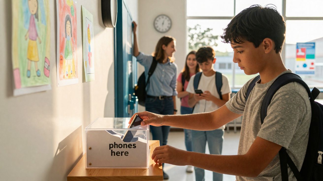 Aluno guardando celular em caixa transparente em corredor escolar com outros estudantes ao fundo.