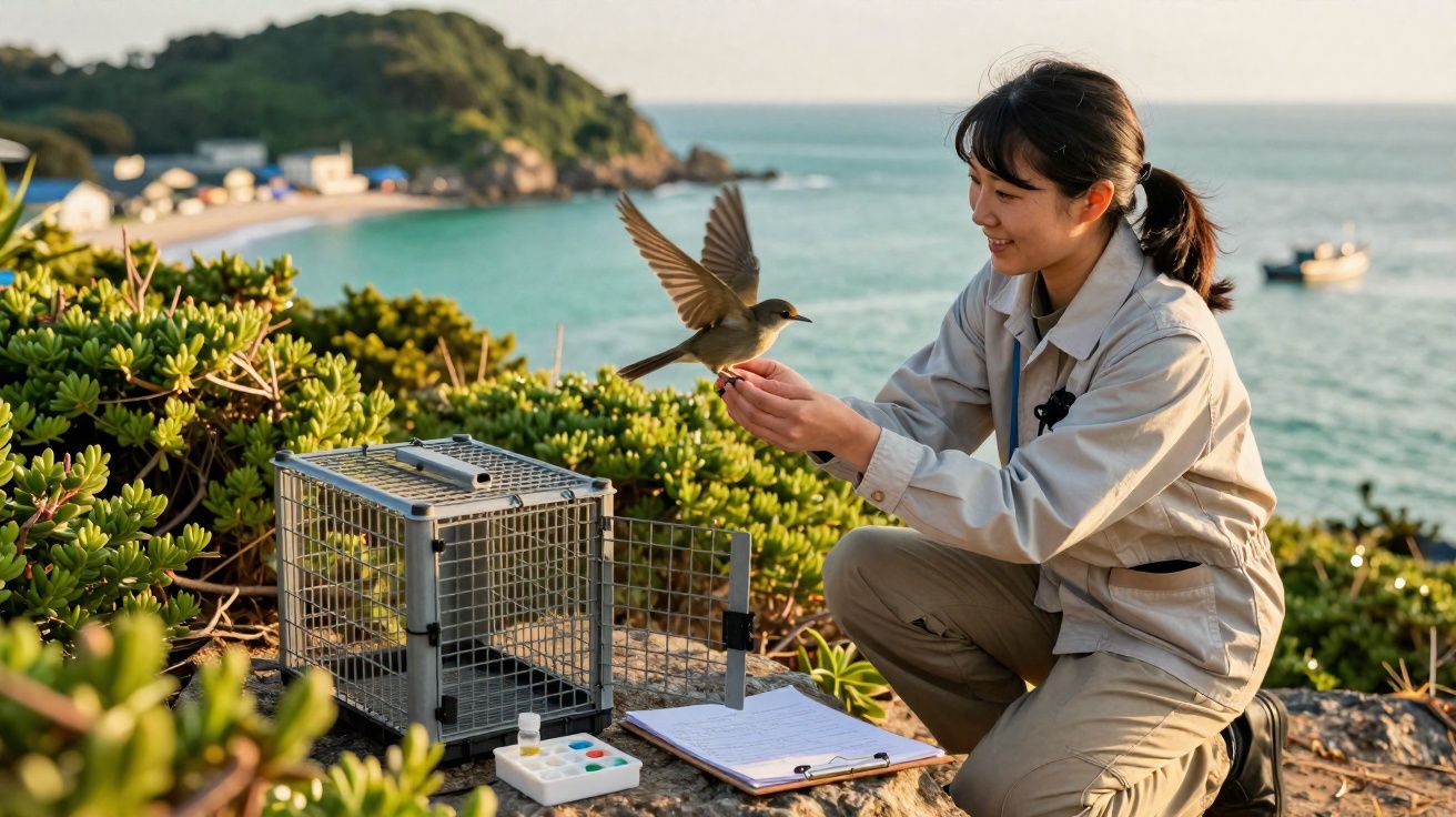 Mulher liberando pássaro ao ar livre com mar e barcos ao fundo durante o dia ensolarado.