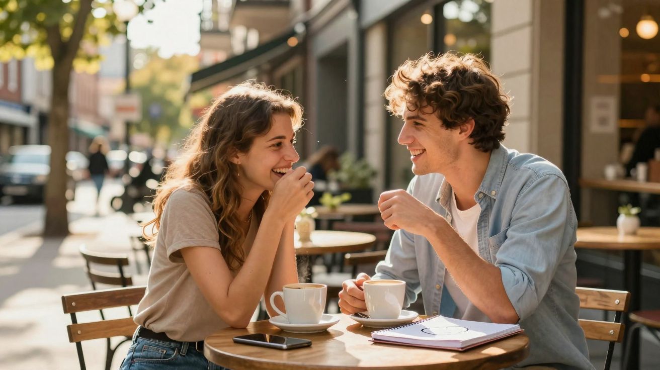 Jovem casal conversando e tomando café em mesa de restaurante ao ar livre em dia ensolarado.