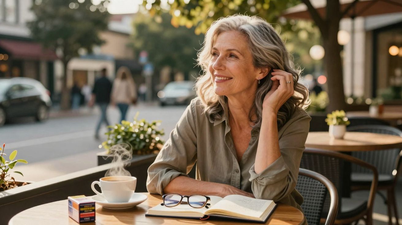 Mulher sorridente sentada em café ao ar livre com livro aberto, óculos e xícara de chá fumegante.