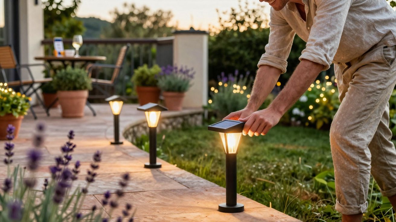 Homem ajustando luz solar em jardim ao entardecer com plantas e flores ao redor.