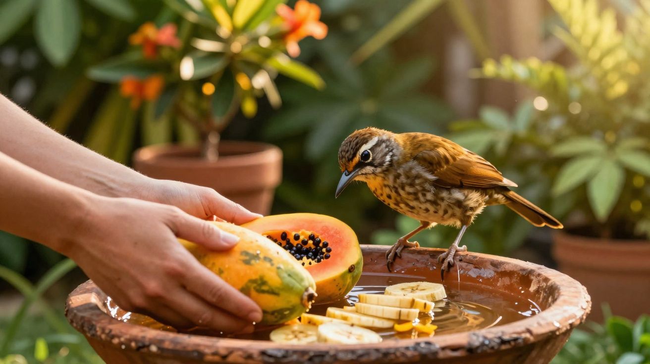 Mãos seguram mamão enquanto pássaro pousa em vaso com fatias de banana em ambiente ao ar livre.