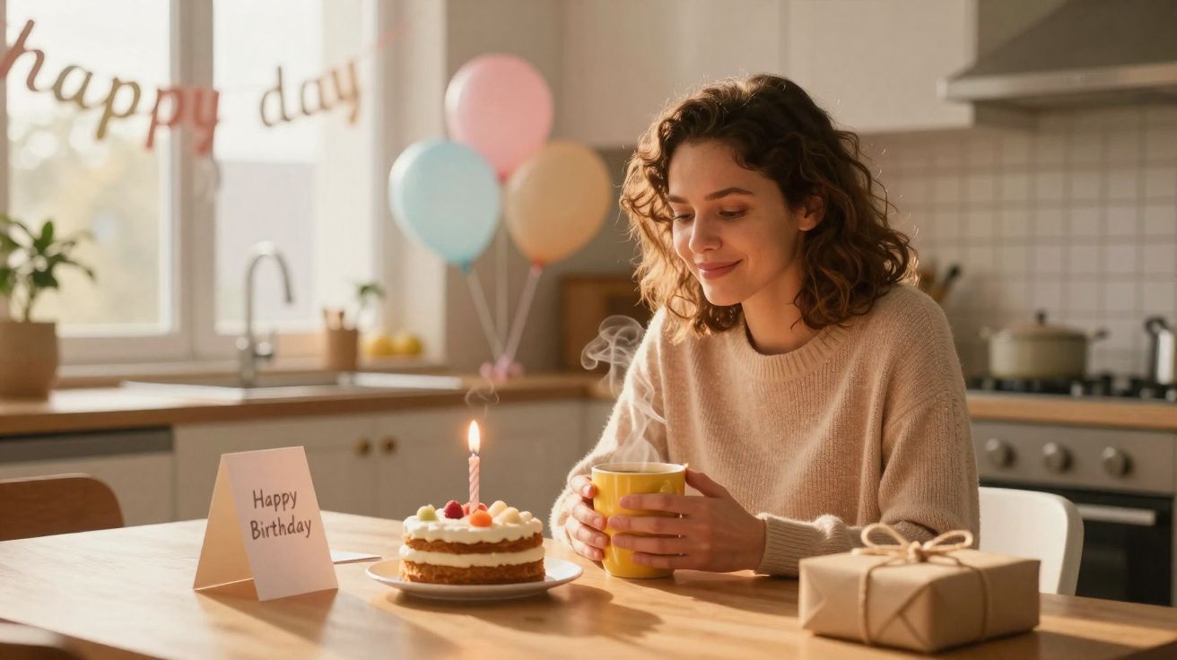 Mulher sorrindo com caneca na mão em mesa com bolo de aniversário, cartão e presente na cozinha decorada.