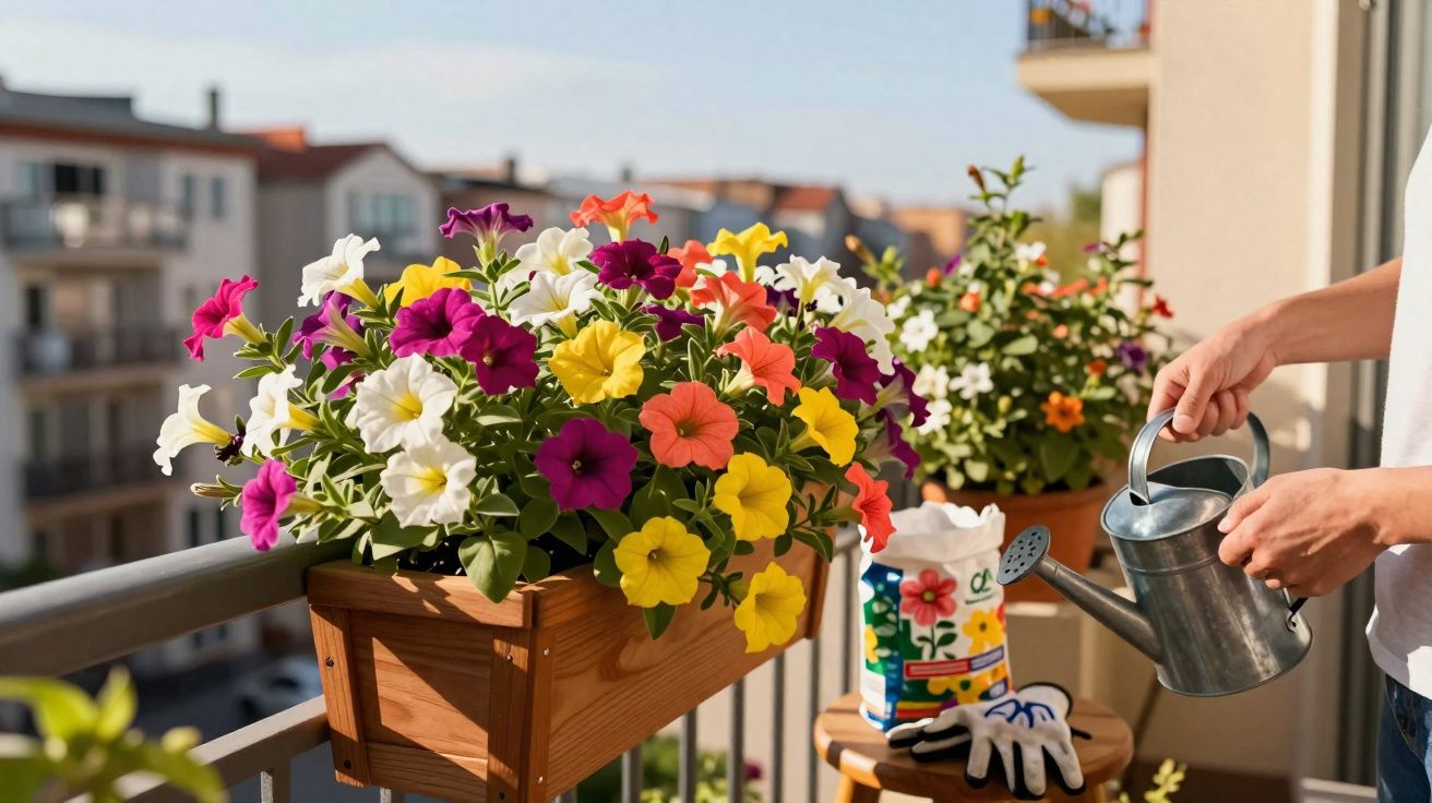 Flores coloridas em floreira de madeira sendo regadas em varanda ensolarada de apartamento.