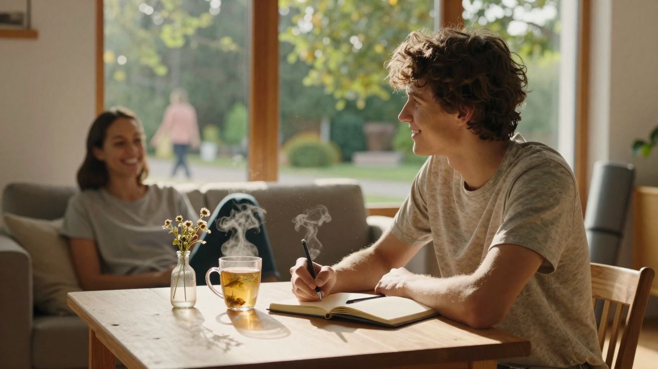 Jovem escrevendo em caderno à mesa com chá quente, enquanto mulher sorri no sofá ao fundo.