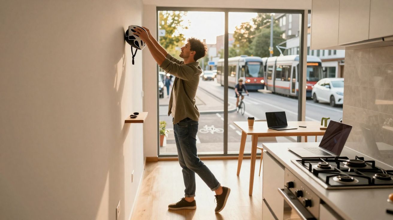 Jovem instalando equipamento de segurança na parede de sala com janela para rua movimentada.