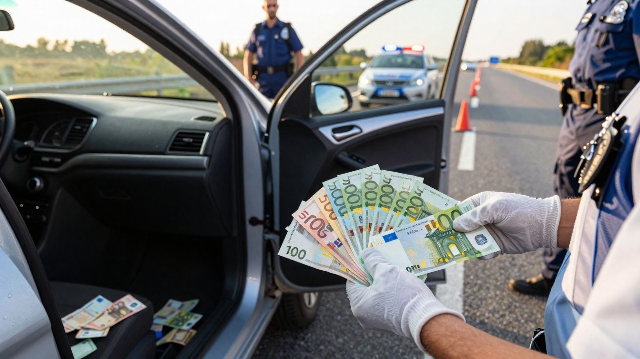 Policial inspecionando notas de euro em abordagem na estrada com carro parado e outros policiais ao fundo.