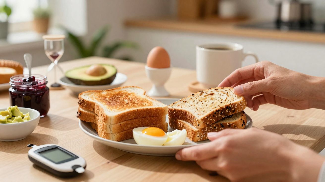 Mãos segurando sanduíche integral com ovo, ao lado de torradas, ovos, abacate, café e glicosímetro na mesa.