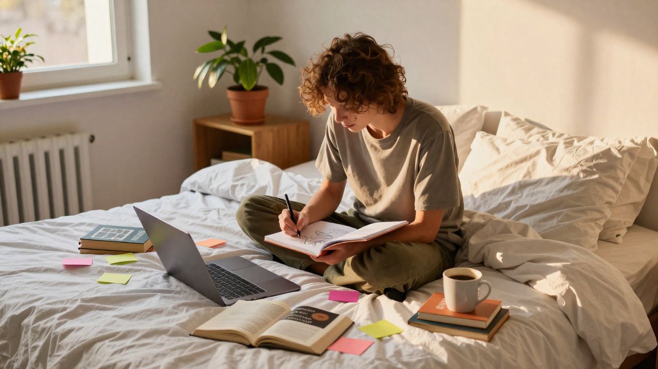 Pessoa sentada na cama escreve em caderno, com laptop aberto, livros, caneca e plantas ao redor.