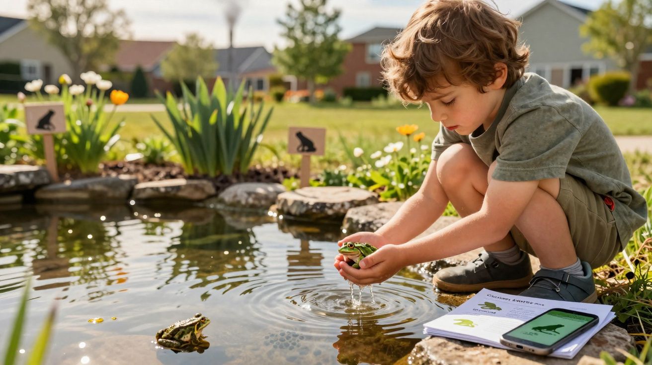 Menino agachado segurando um sapo perto de lagoa com livro e celular ao lado em dia ensolarado.