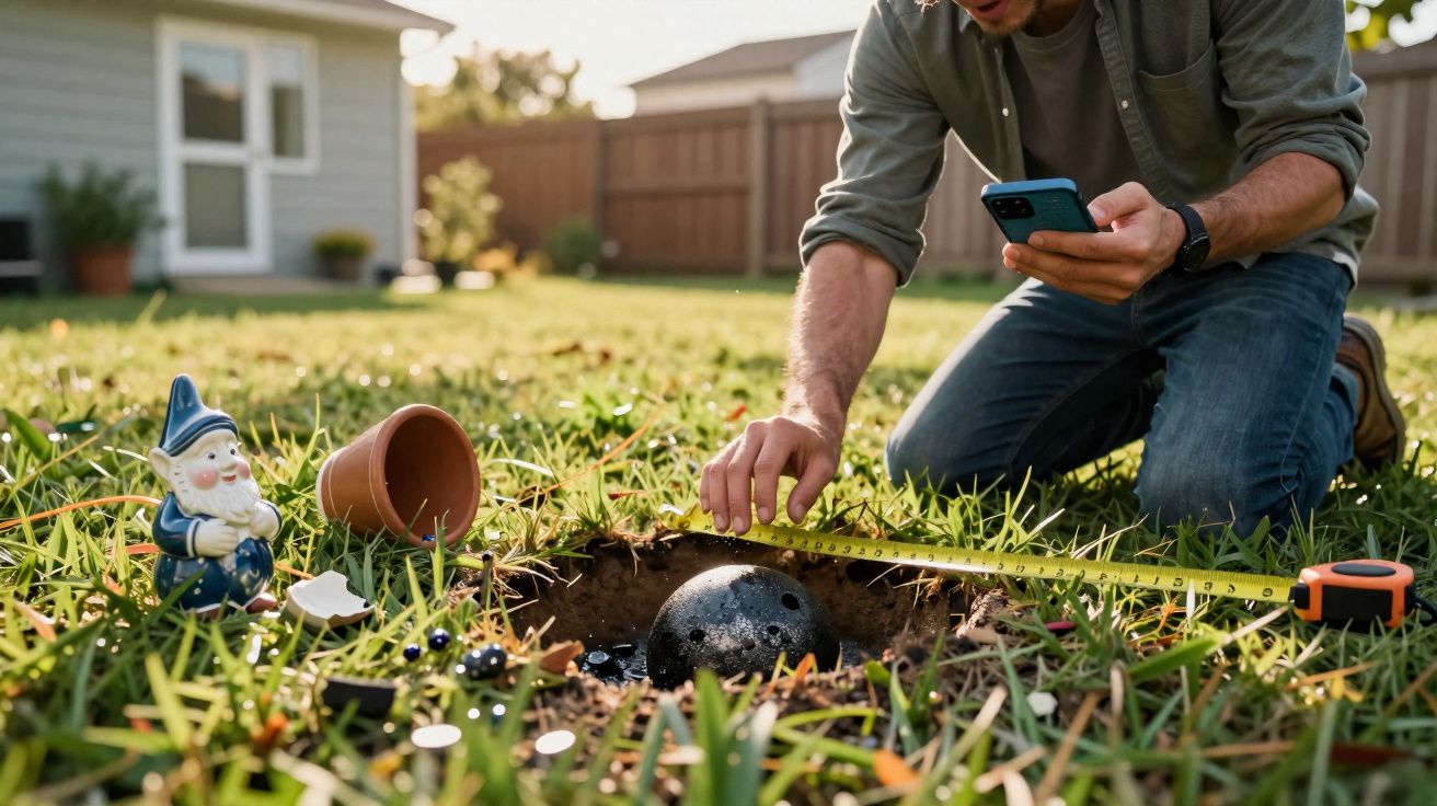 Pessoa medindo buraco no jardim com uma trena, perto de um gnomo, pote caído e uma bola preta.