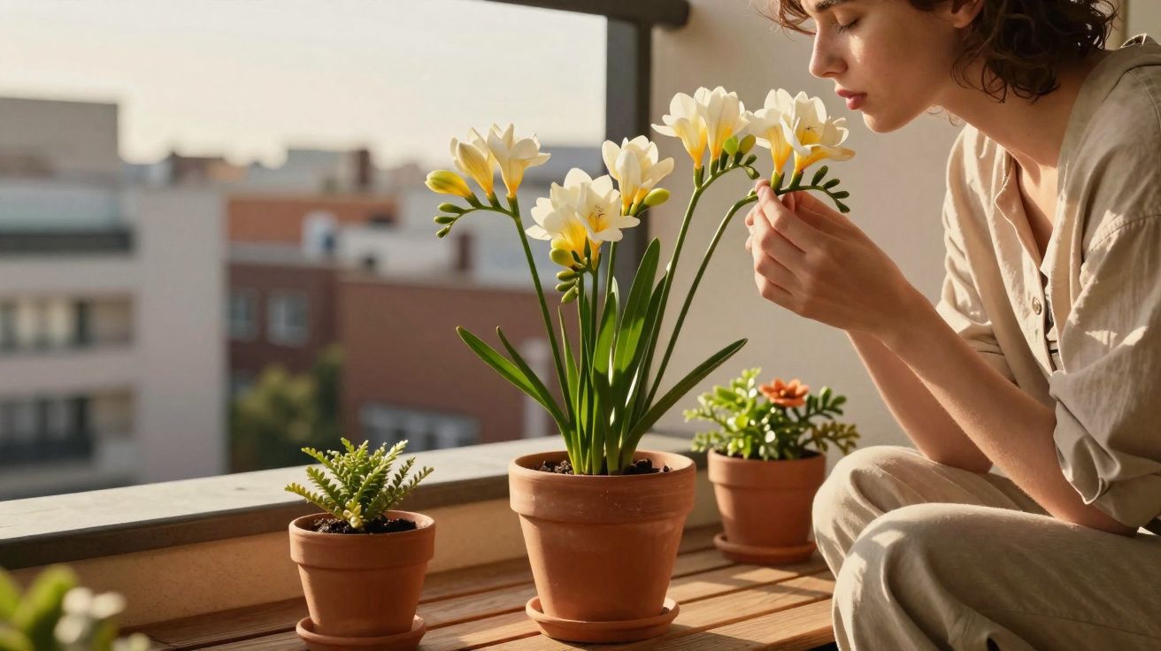 Pessoa cheira flores brancas em vaso de cerâmica no parapeito de janela com prédios ao fundo.
