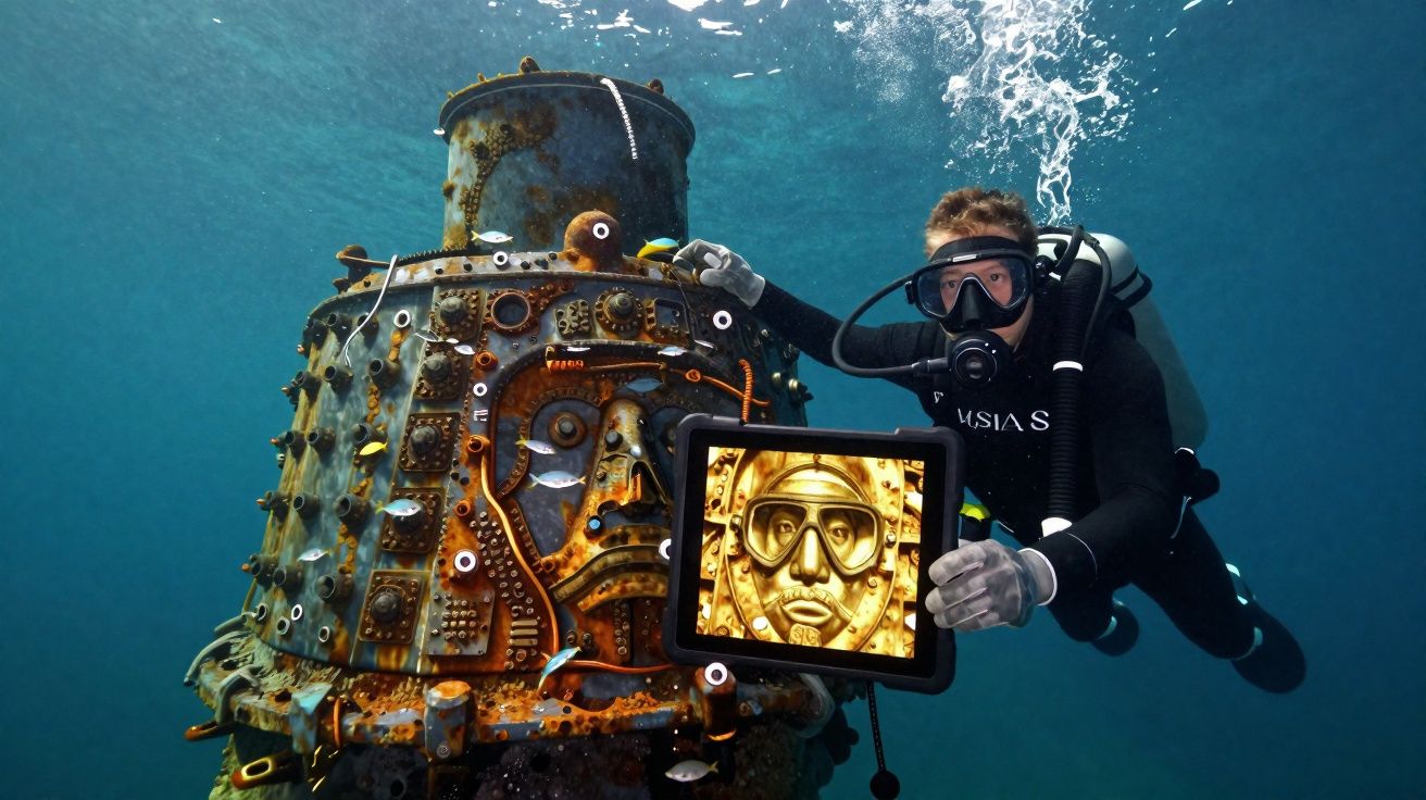 Mergulhador com traje de mergulho segura tablet exibindo arte dourada ao lado de escultura subaquática metálica com rosto hum