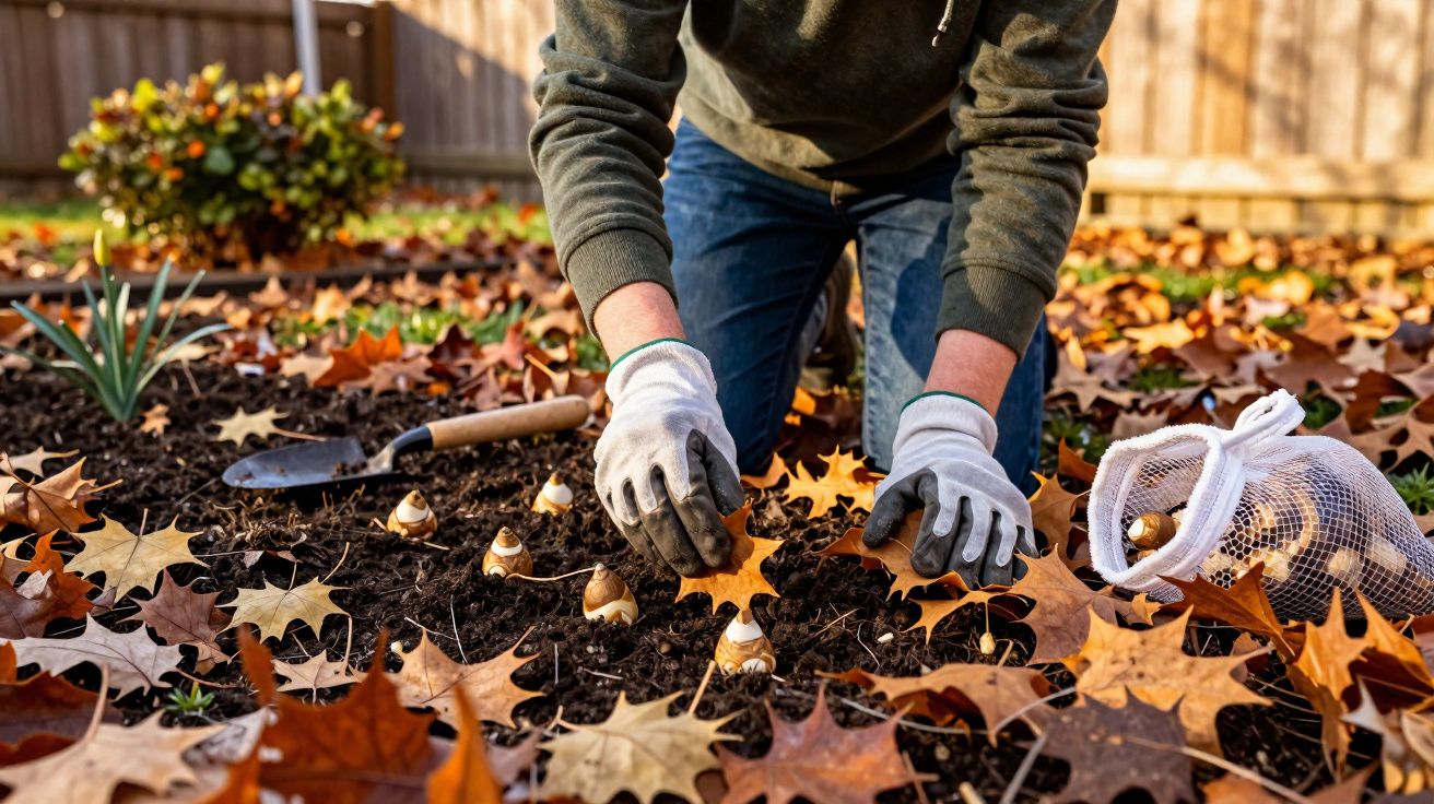 Pessoa plantando bulbos em jardim ao ar livre com folhas secas espalhadas no chão.