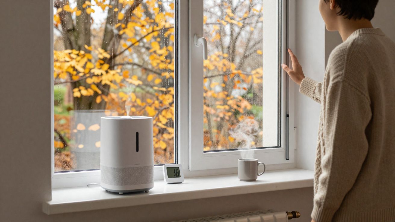 Pessoa olhando pela janela com folhas amarelas, umidificador ligado e caneca com vapor na janela.