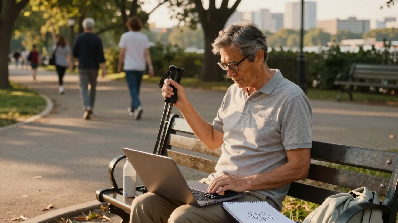 Homem idoso sentado em banco de parque usando laptop, segurando bengala e com bolsa ao lado.
