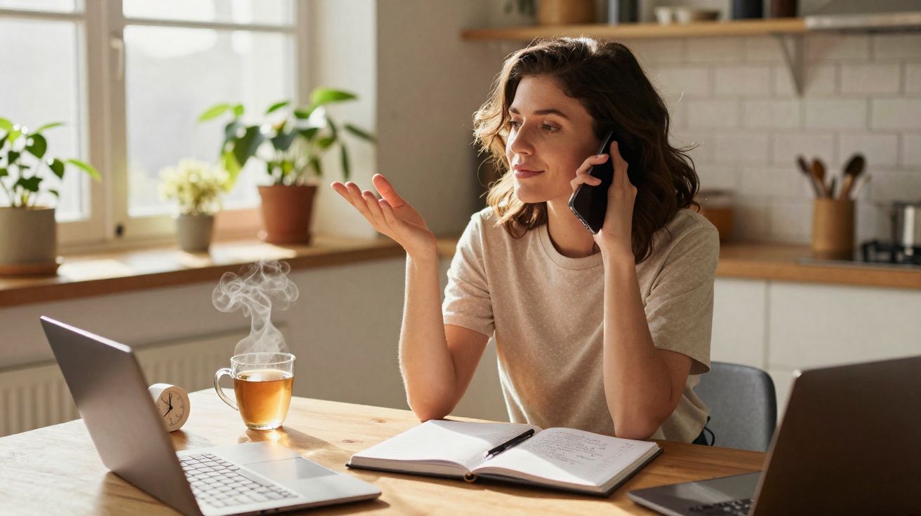 Mulher fala ao celular enquanto trabalha em laptop com caderno aberto e chá quente na mesa em ambiente iluminado.