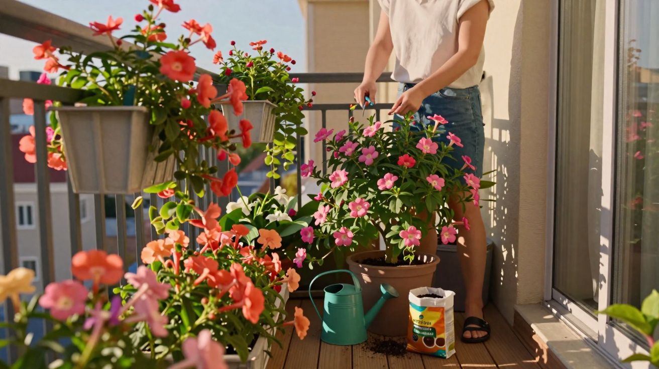 Pessoa cuidando de plantas com flores coloridas em varanda ensolarada de apartamento.