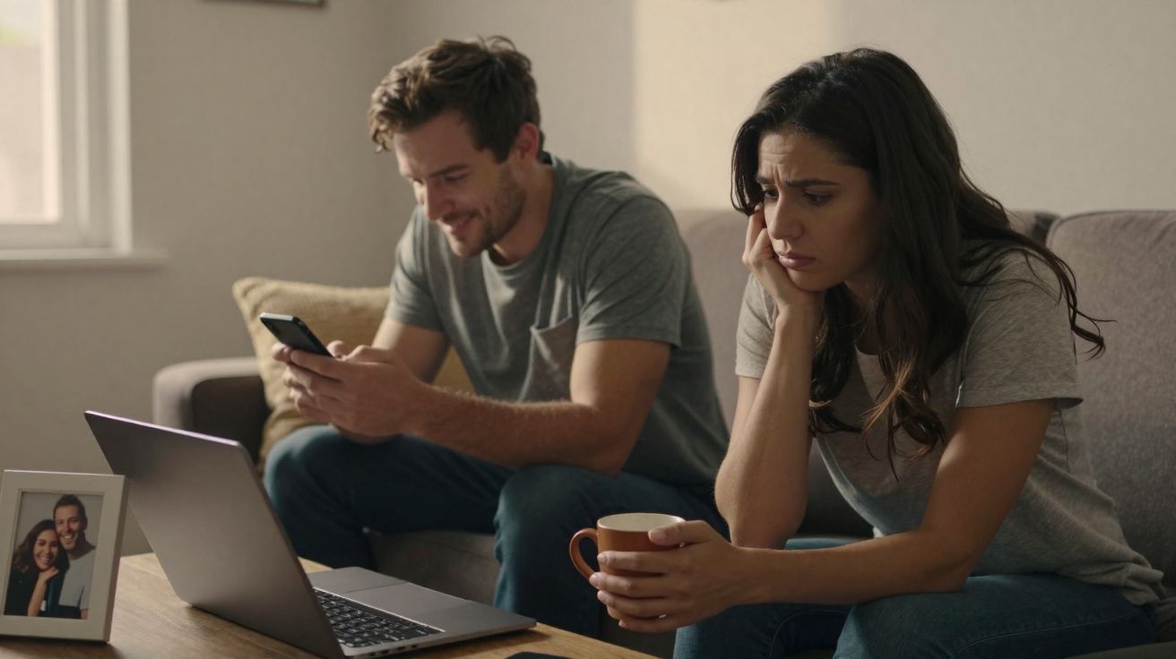 Casal no sofá, homem sorrindo celular e mulher com expressão triste segurando xícara.