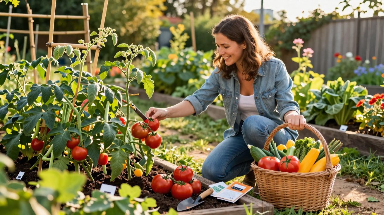 Mulher colhendo tomates em horta orgânica com cesta cheia de legumes variados ao lado.