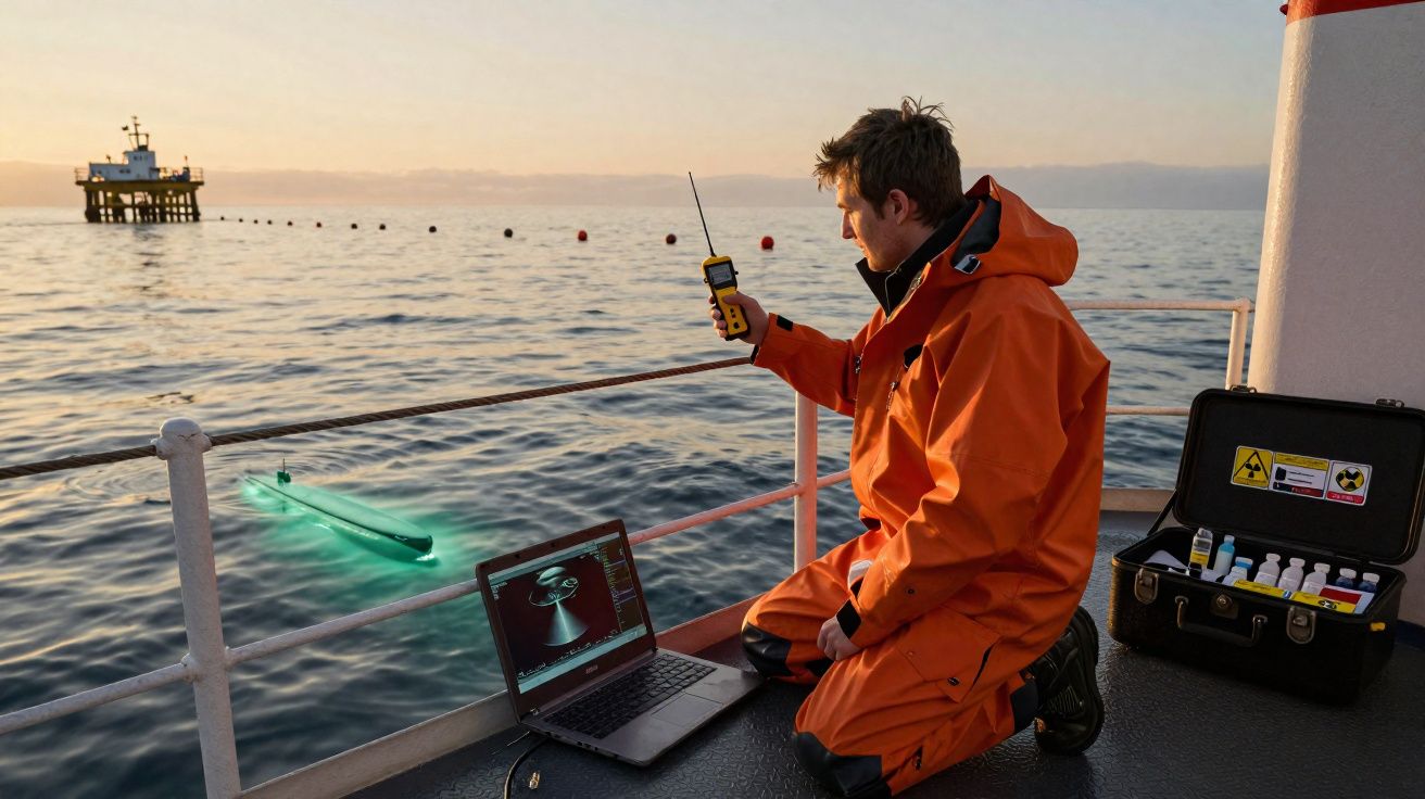 Homem com roupa laranja usa rádio e laptop perto de equipamento submerso e mala em barco ao pôr do sol.