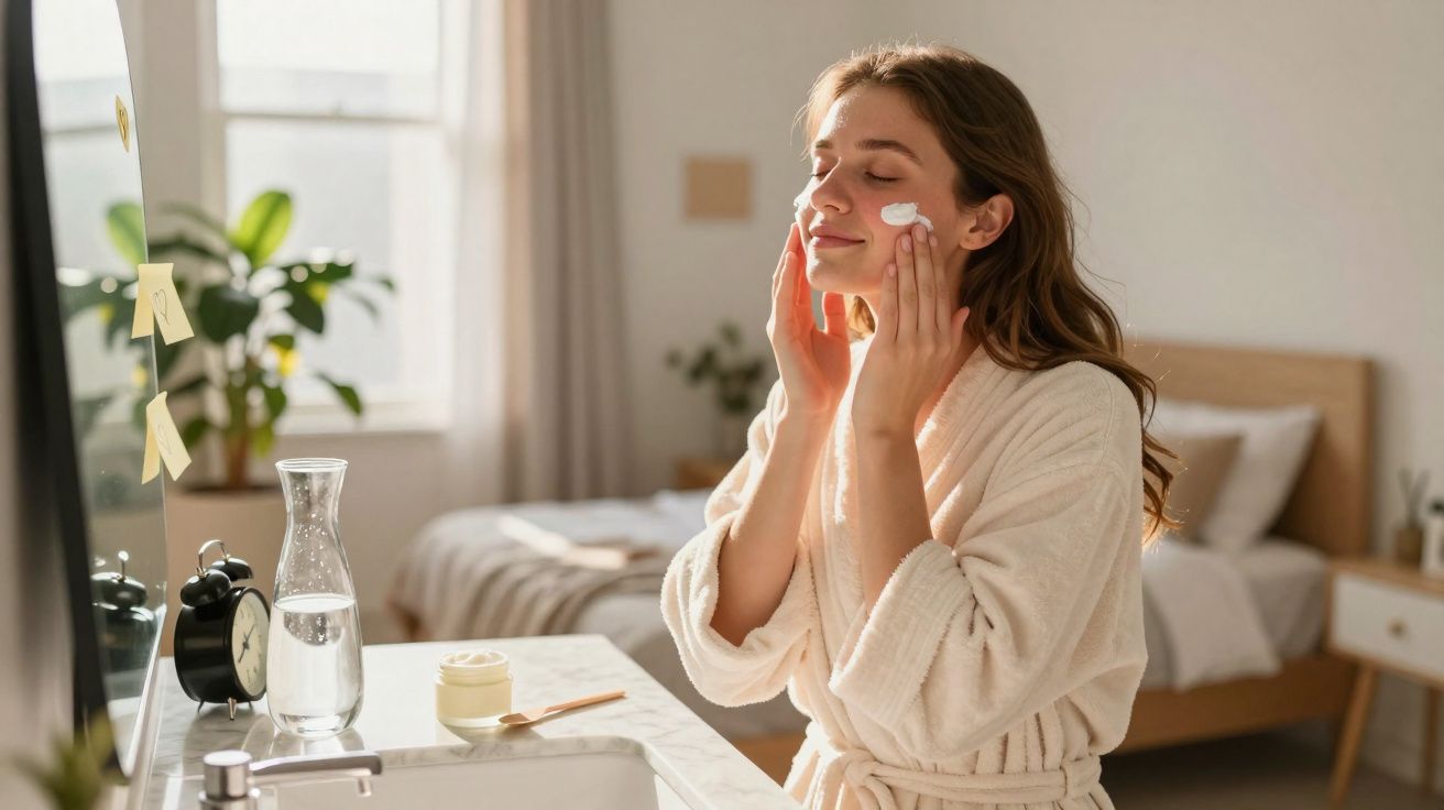 Mulher em roupão branco aplicando creme no rosto em banheiro iluminado por luz natural.