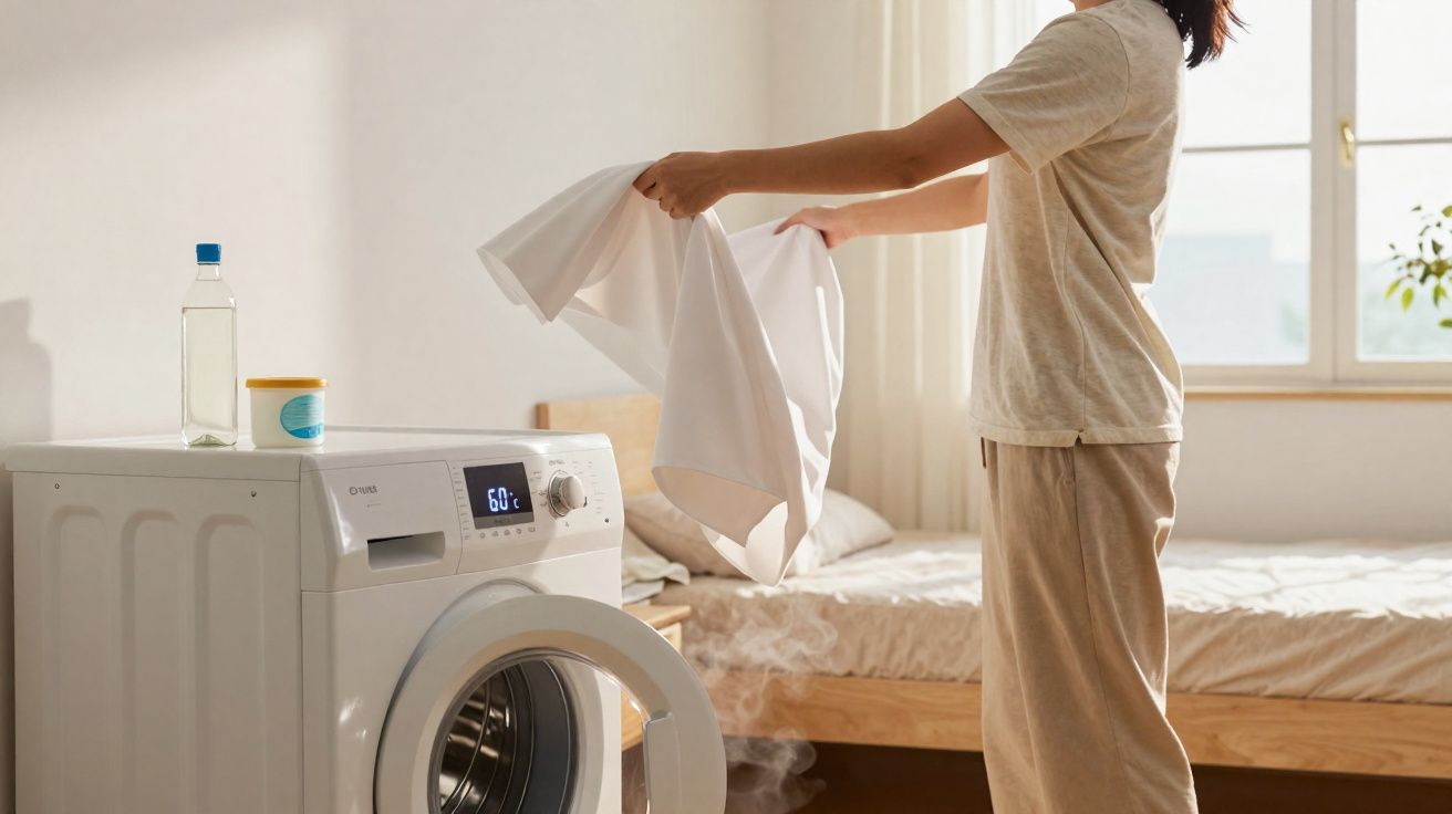 Pessoa retirando roupa branca de máquina de lavar roupa branca em quarto iluminado.